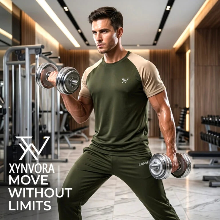 Xynvora Premium Men’s Activewear Tracksuit Performance Raglan Short-Sleeve T-Shirt & Athletic Track Pants Set Olive Green