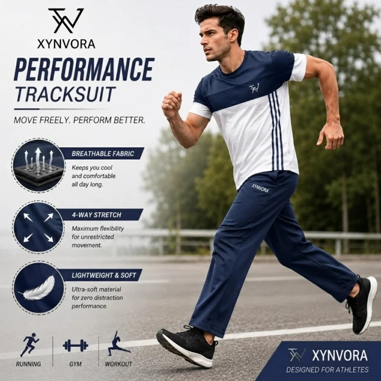 Men’s Premium Navy Blue + White Tracksuit Set – Dry Fit Athletic Gym Wear, Casual Jogging & Lounge Wear
