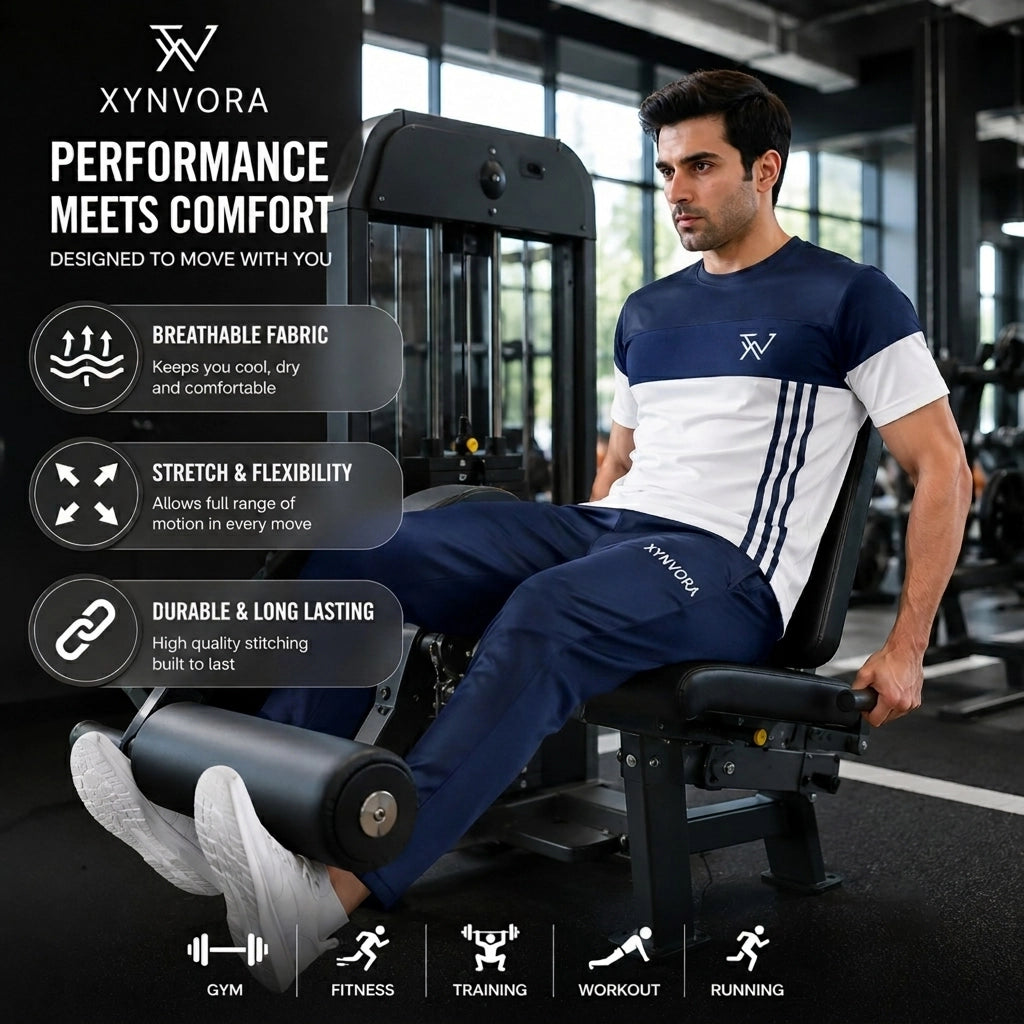 Men’s Premium Navy Blue + White Tracksuit Set – Dry Fit Athletic Gym Wear, Casual Jogging & Lounge Wear