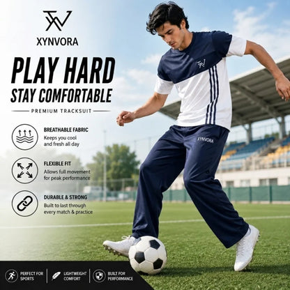 Men’s Premium Navy Blue + White Tracksuit Set – Dry Fit Athletic Gym Wear, Casual Jogging & Lounge Wear