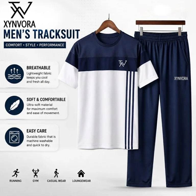 Men’s Premium Navy Blue + White Tracksuit Set – Dry Fit Athletic Gym Wear, Casual Jogging & Lounge Wear