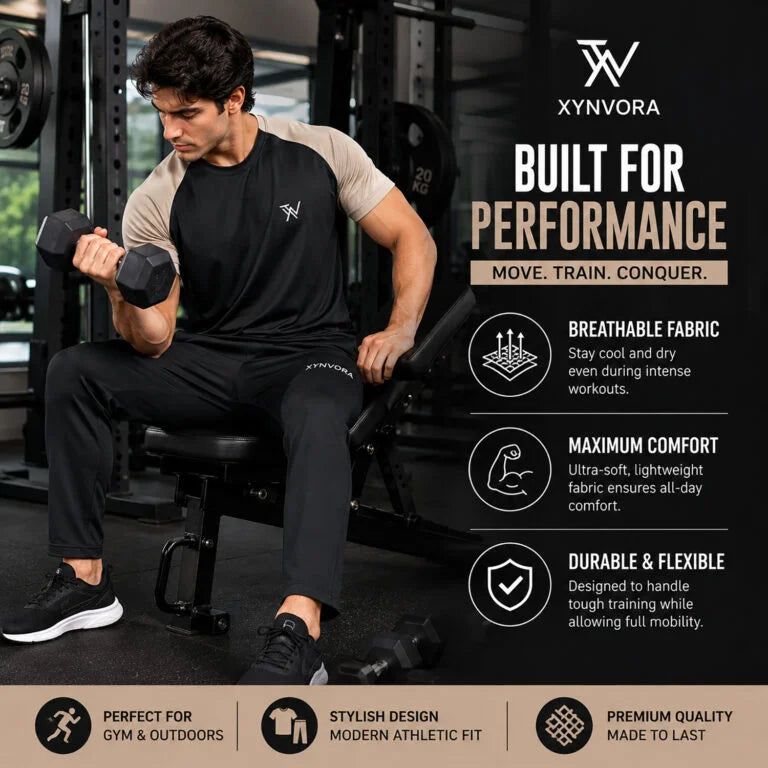 Xynvora Premium Men’s Activewear Tracksuit Performance Raglan Short-Sleeve T-Shirt & Athletic Track Pants Set Black