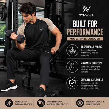 Xynvora Premium Men’s Activewear Tracksuit Performance Raglan Short-Sleeve T-Shirt & Athletic Track Pants Set Black