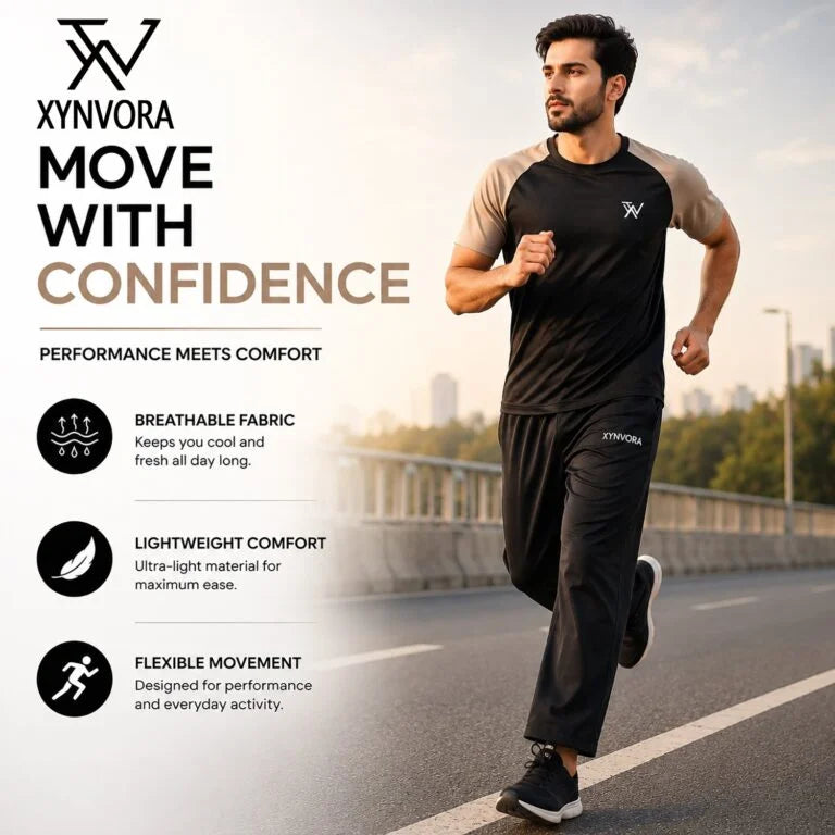 Xynvora Premium Men’s Activewear Tracksuit Performance Raglan Short-Sleeve T-Shirt & Athletic Track Pants Set Black