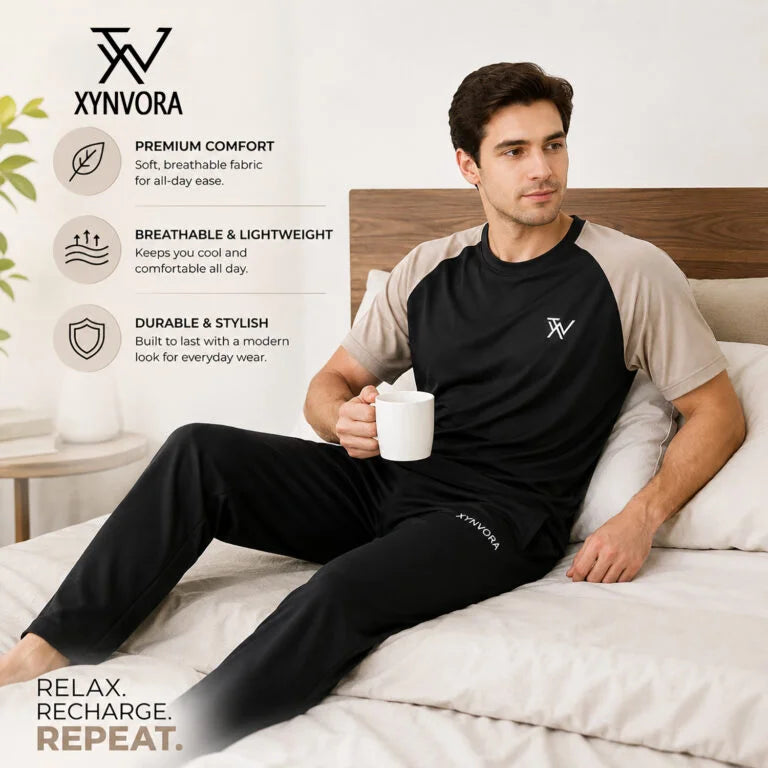 Xynvora Premium Men’s Activewear Tracksuit Performance Raglan Short-Sleeve T-Shirt & Athletic Track Pants Set Black