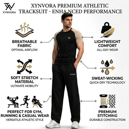 Xynvora Premium Men’s Activewear Tracksuit Performance Raglan Short-Sleeve T-Shirt & Athletic Track Pants Set Black