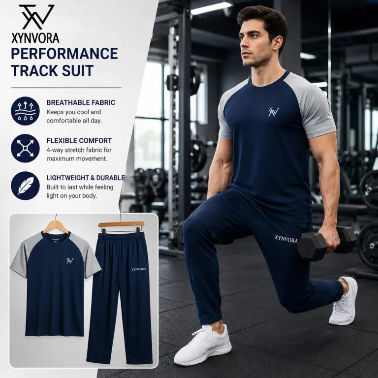 Xynvora Premium Men’s Activewear Tracksuit Performance Raglan Short-Sleeve T-Shirt & Athletic Track Pants Set Blue