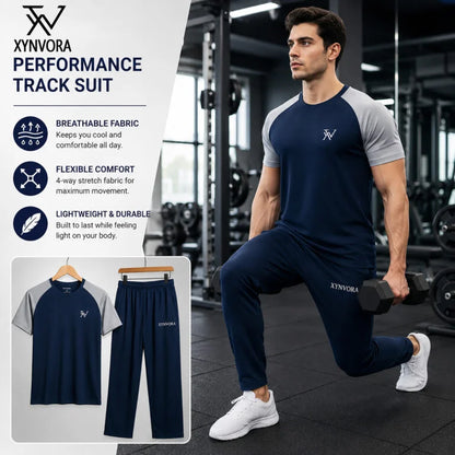 Xynvora Premium Men’s Activewear Tracksuit Performance Raglan Short-Sleeve T-Shirt & Athletic Track Pants Set Blue