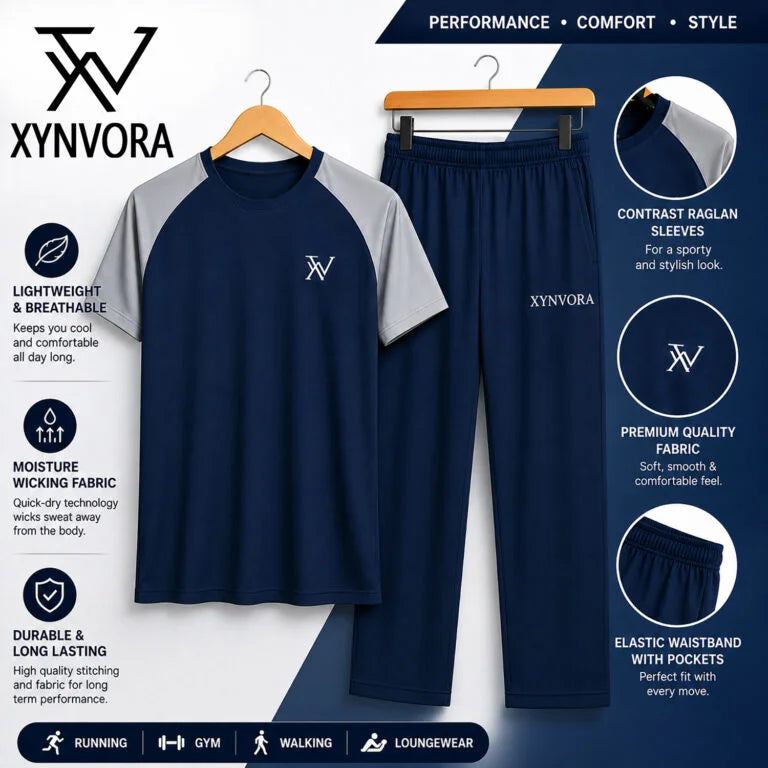 Xynvora Premium Men’s Activewear Tracksuit Performance Raglan Short-Sleeve T-Shirt & Athletic Track Pants Set Blue