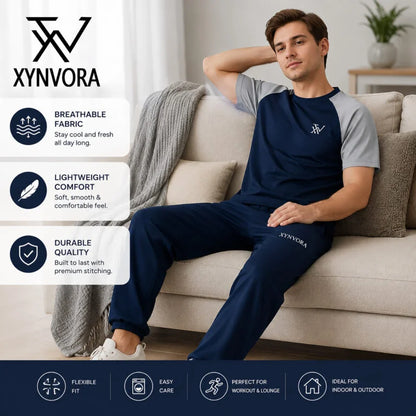 Xynvora Premium Men’s Activewear Tracksuit Performance Raglan Short-Sleeve T-Shirt & Athletic Track Pants Set Blue