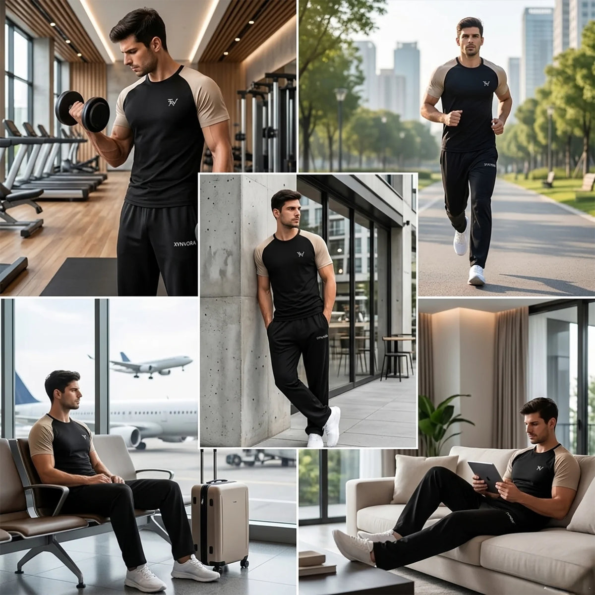 Xynvora Premium Men’s Activewear Tracksuit Performance Raglan Short-Sleeve T-Shirt & Athletic Track Pants Set Black