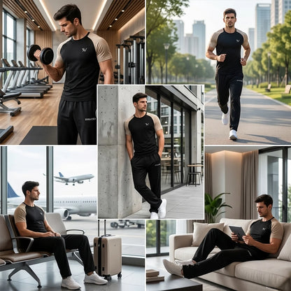 Xynvora Premium Men’s Activewear Tracksuit Performance Raglan Short-Sleeve T-Shirt & Athletic Track Pants Set Black