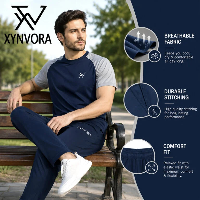 Xynvora Premium Men’s Activewear Tracksuit Performance Raglan Short-Sleeve T-Shirt & Athletic Track Pants Set Blue