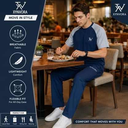 Xynvora Premium Men’s Activewear Tracksuit Performance Raglan Short-Sleeve T-Shirt & Athletic Track Pants Set Blue