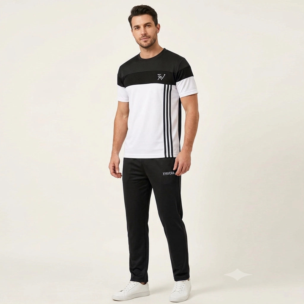 Men’s Premium Black White Tracksuit Set – Dry Fit Athletic Gym Wear, Casual Jogging & Lounge Wear