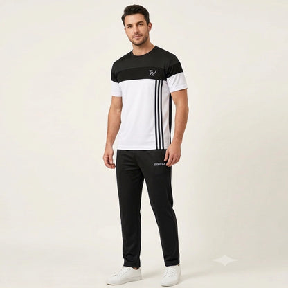 Men’s Premium Black White Tracksuit Set – Dry Fit Athletic Gym Wear, Casual Jogging & Lounge Wear