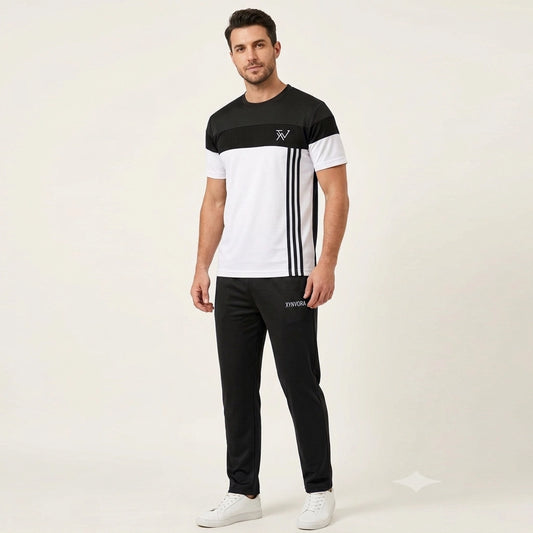 Men’s Premium Black White Tracksuit Set – Dry Fit Athletic Gym Wear, Casual Jogging & Lounge Wear