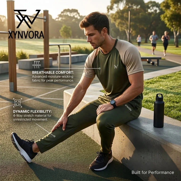 Xynvora Premium Men’s Activewear Tracksuit Performance Raglan Short-Sleeve T-Shirt & Athletic Track Pants Set Olive Green