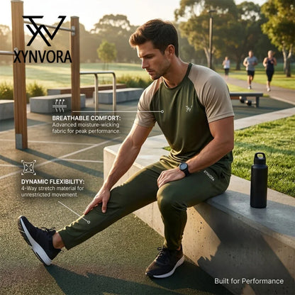 Xynvora Premium Men’s Activewear Tracksuit Performance Raglan Short-Sleeve T-Shirt & Athletic Track Pants Set Olive Green