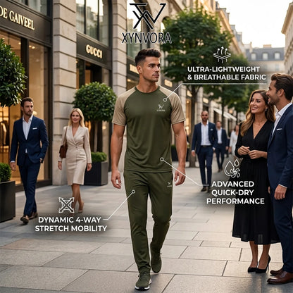 Xynvora Premium Men’s Activewear Tracksuit Performance Raglan Short-Sleeve T-Shirt & Athletic Track Pants Set Olive Green