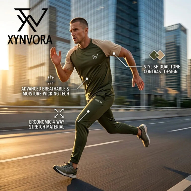 Xynvora Premium Men’s Activewear Tracksuit Performance Raglan Short-Sleeve T-Shirt & Athletic Track Pants Set Olive Green