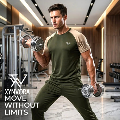 Xynvora Premium Men’s Activewear Tracksuit Performance Raglan Short-Sleeve T-Shirt & Athletic Track Pants Set Olive Green