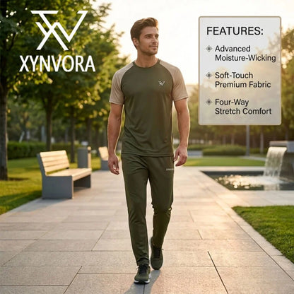 Xynvora Premium Men’s Activewear Tracksuit Performance Raglan Short-Sleeve T-Shirt & Athletic Track Pants Set Olive Green