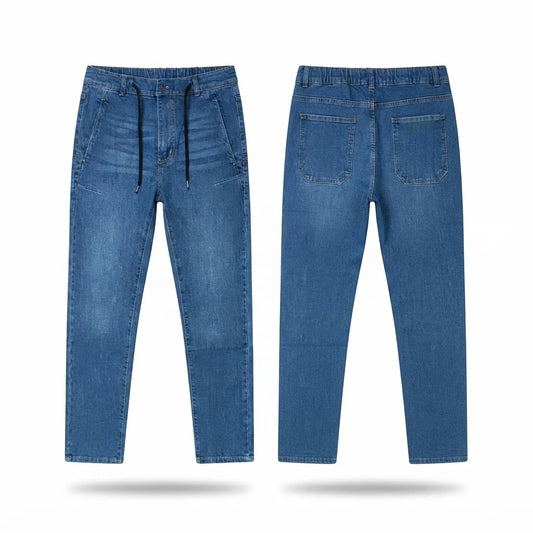 XYNVORA Premium Men’s Blue Denim Jogger Jeans – Stylish Drawstring Tapered Fit Casual Pants