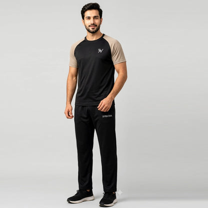 Xynvora Premium Men’s Activewear Tracksuit Performance Raglan Short-Sleeve T-Shirt & Athletic Track Pants Set Black
