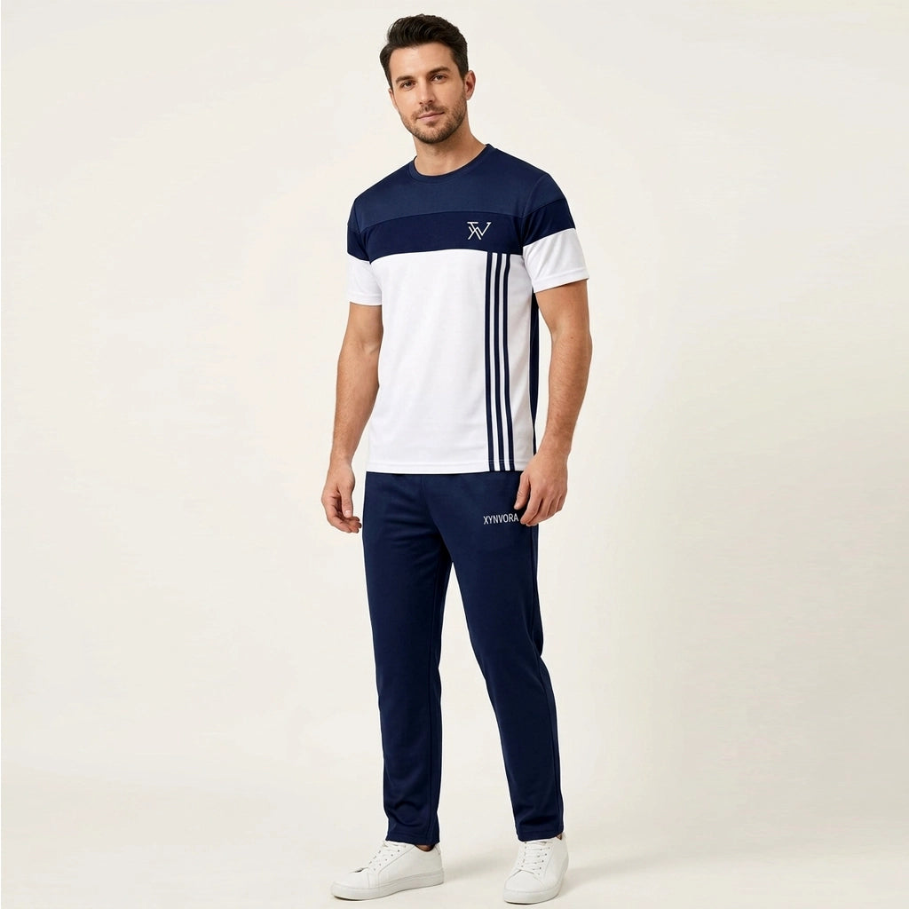 Men’s Premium Navy Blue + White Tracksuit Set – Dry Fit Athletic Gym Wear, Casual Jogging & Lounge Wear