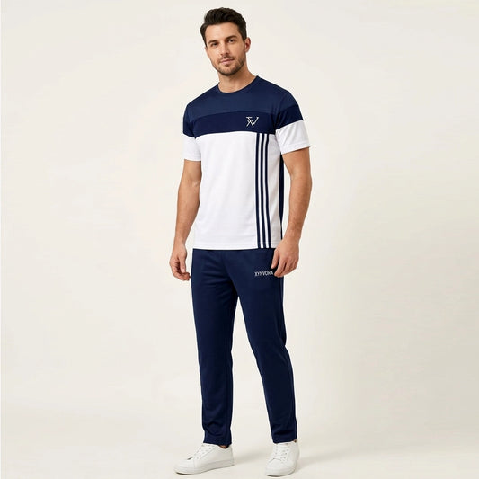 Men’s Premium Navy Blue + White Tracksuit Set – Dry Fit Athletic Gym Wear, Casual Jogging & Lounge Wear