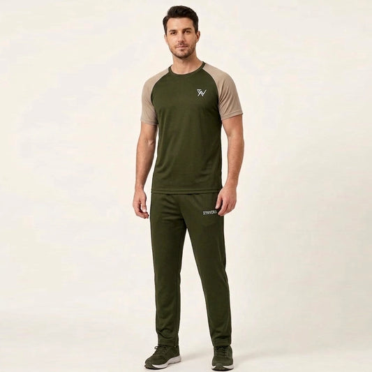 Xynvora Premium Men’s Activewear Tracksuit Performance Raglan Short-Sleeve T-Shirt & Athletic Track Pants Set Olive Green