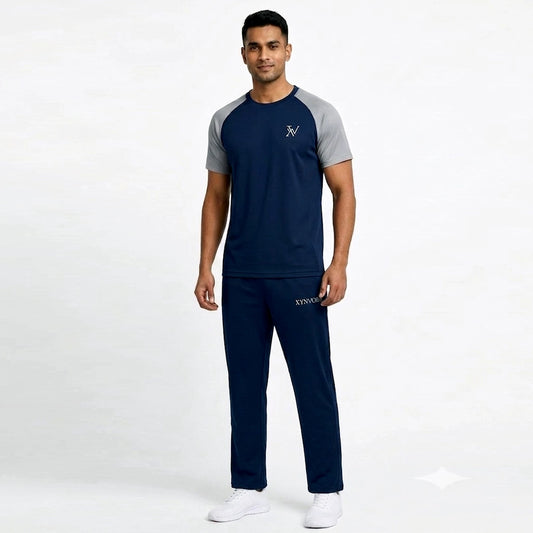 Xynvora Premium Men’s Activewear Tracksuit Performance Raglan Short-Sleeve T-Shirt & Athletic Track Pants Set Blue